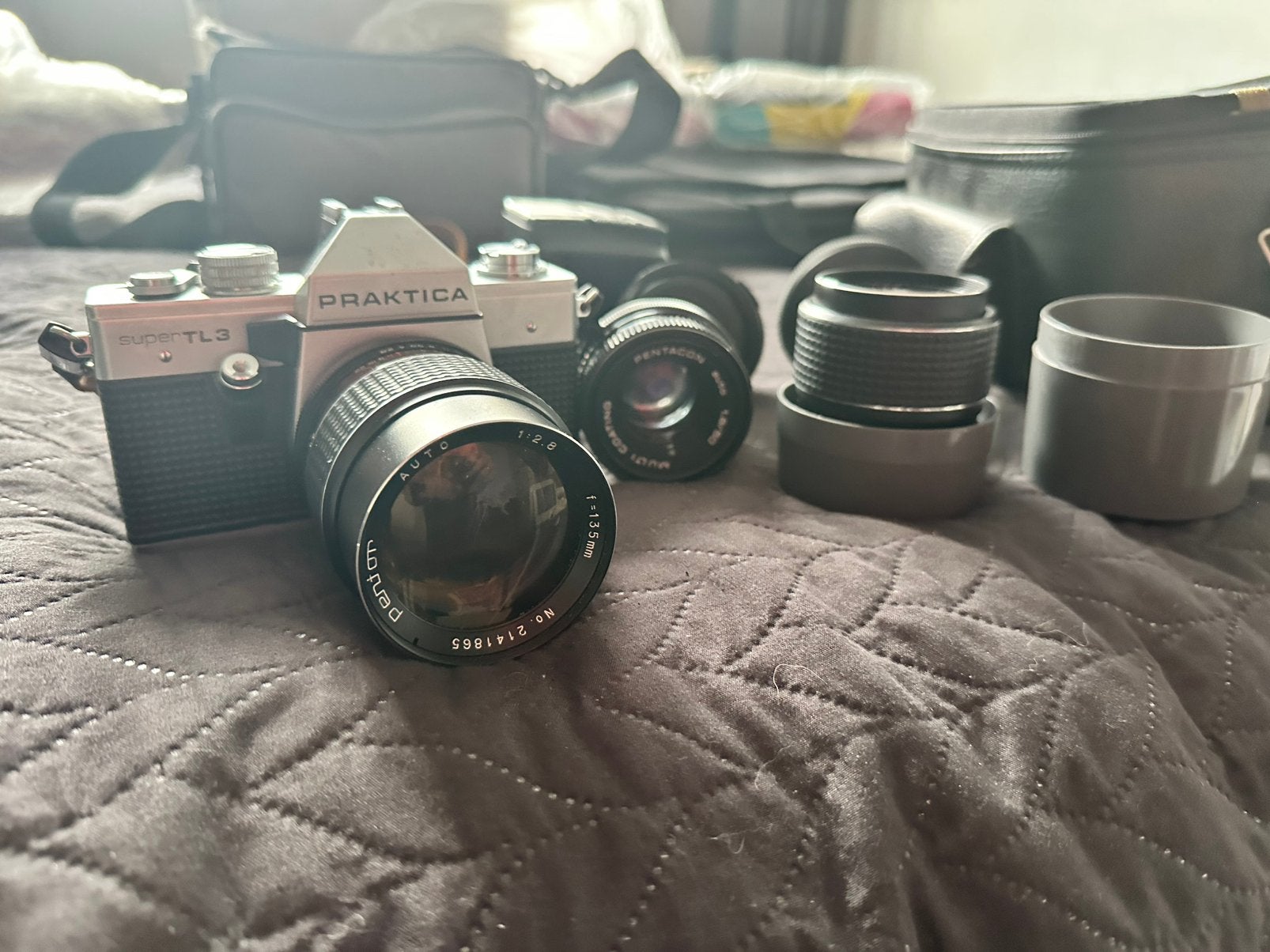 Praktica Super TL3 + 4x lens Pentor / Pentacon + flitser, Ophalen, Overige merken, Gebruikt, Telelens