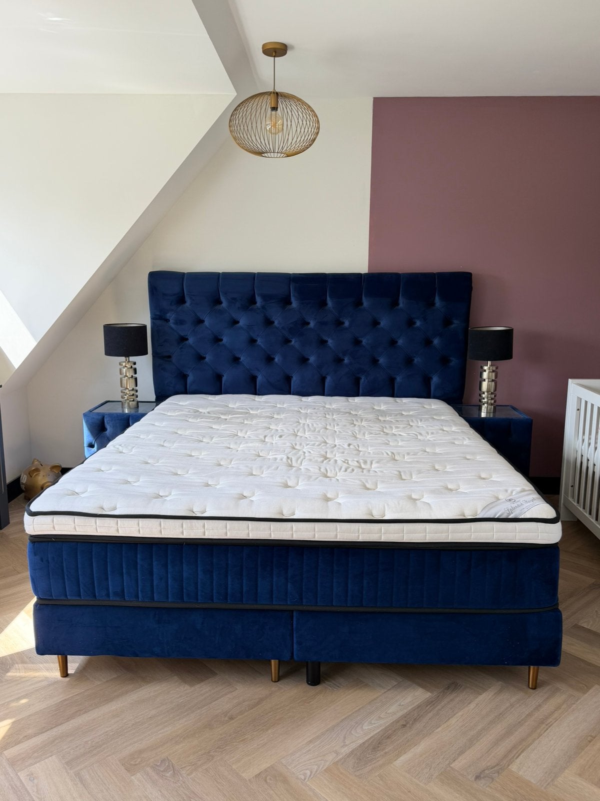 Serta York Limited Edition Boxspring 180x210 cm, Ophalen, Blauw, 210 cm, Tweepersoons