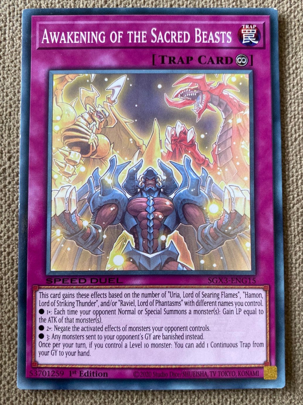 Yu-Gi-Oh! Awakening of the Sacred Beasts SGX3 1st !, Ophalen of Verzenden, Zo goed als nieuw, Losse kaart