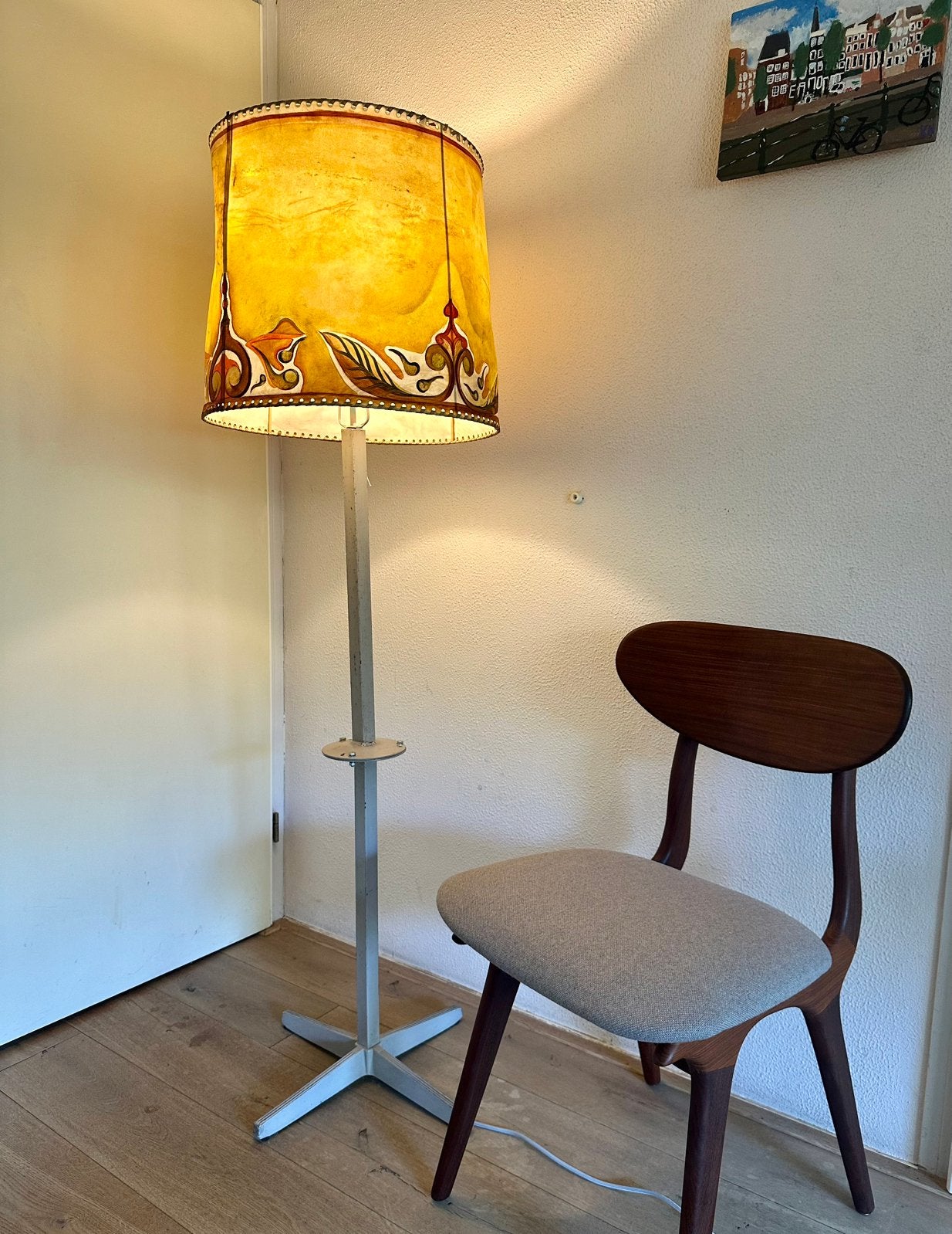 Unieke vintage art deco vloerlamp handbeschilderd perkament, Ophalen, Vintage, Zo goed als nieuw, Natuurlijk materiaal