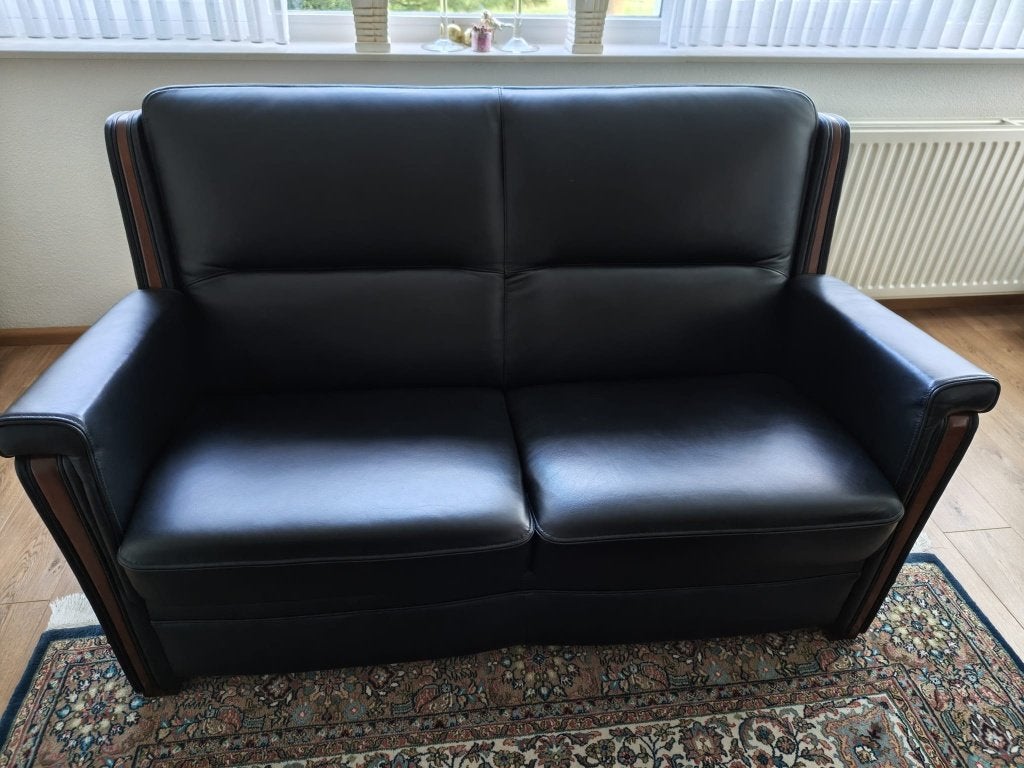 Lederen Relax Fauteuil en Bank met Houtafwerking, Huis en Inrichting, Ophalen, 150 tot 200 cm, Tweepersoons, Zo goed als nieuw