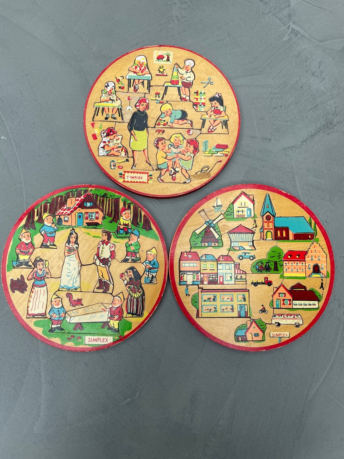 Vintage Simplex Houten Puzzels - 3 Stuks, Kinderen en Baby's, Speelgoed | Kinderpuzzels, Ophalen, Gebruikt, 10 tot 50 stukjes