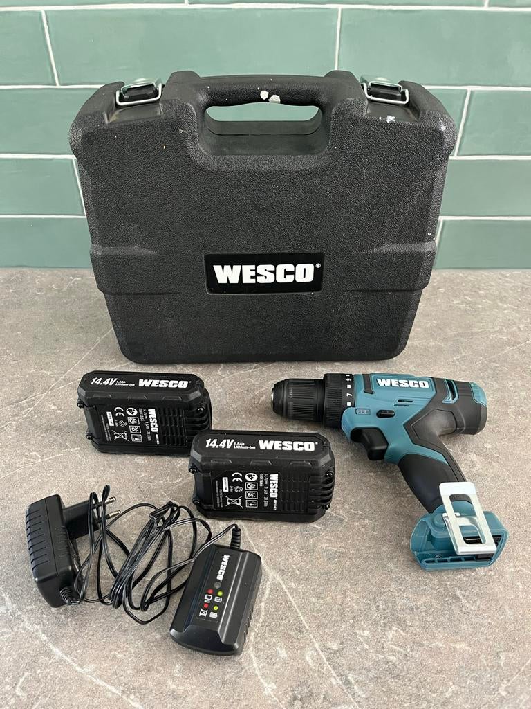 Wesco Accuboormachine 14.4V met 2 accu's en lader, Variabele snelheid, Ophalen of Verzenden, Minder dan 400 watt, Zo goed als nieuw