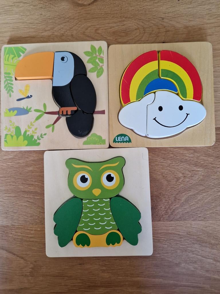 3 houten babypuzzels: toekan, uil en regenboog, Gebruikt, Ophalen of Verzenden, Van hout, Minder dan 10 stukjes