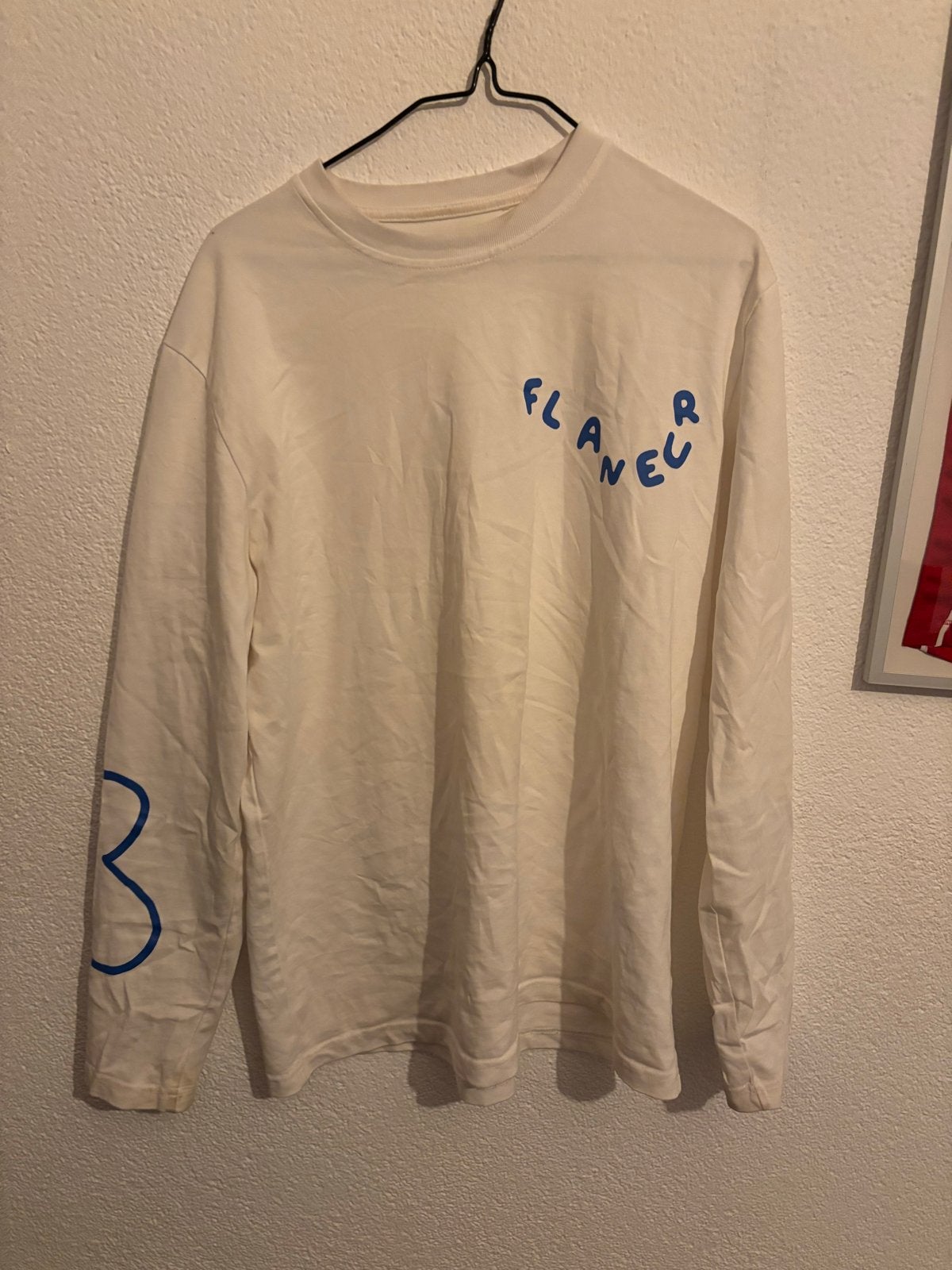 Flâneur longsleeve wit met blauwe print, Ophalen, Gedragen, Maat 48/50 (M), Wit