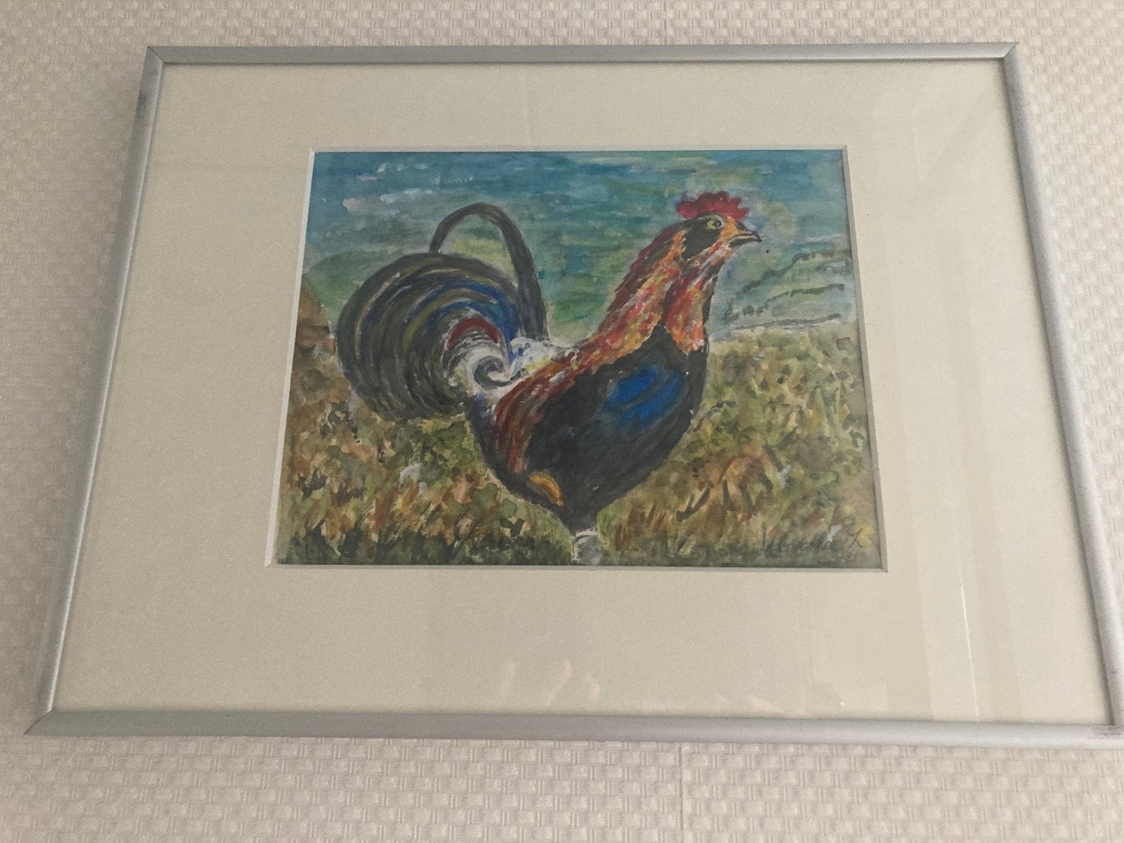 Schilderij kip aquarel in lijst, Realistisch, Dieren, Ophalen of Verzenden, Aquarel