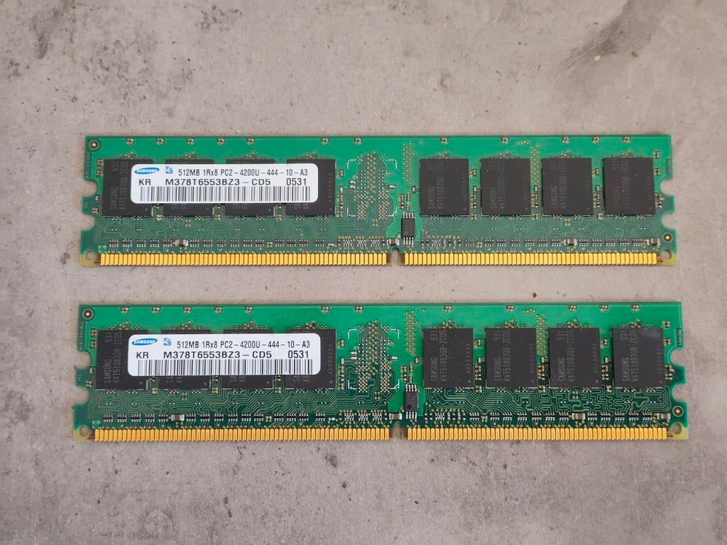 2 x Samsung 512MB PC2-4200U DDR2 RAM Geheugenmodules, Computers en Software, RAM geheugen, Gebruikt, Desktop, 1 GB of minder, DDR2