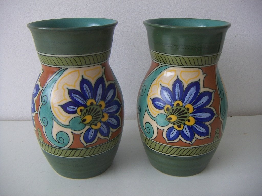 2 x Zuid Holland Gouda plateel keramiek vazen jr.1950. Regal, Ophalen of Verzenden