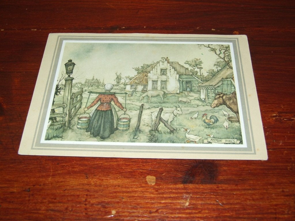 83- Anton Pieck kaart - Boerderij met vrouw en dieren, 1960 tot 1980, Gebruikt, Verzenden, Prent