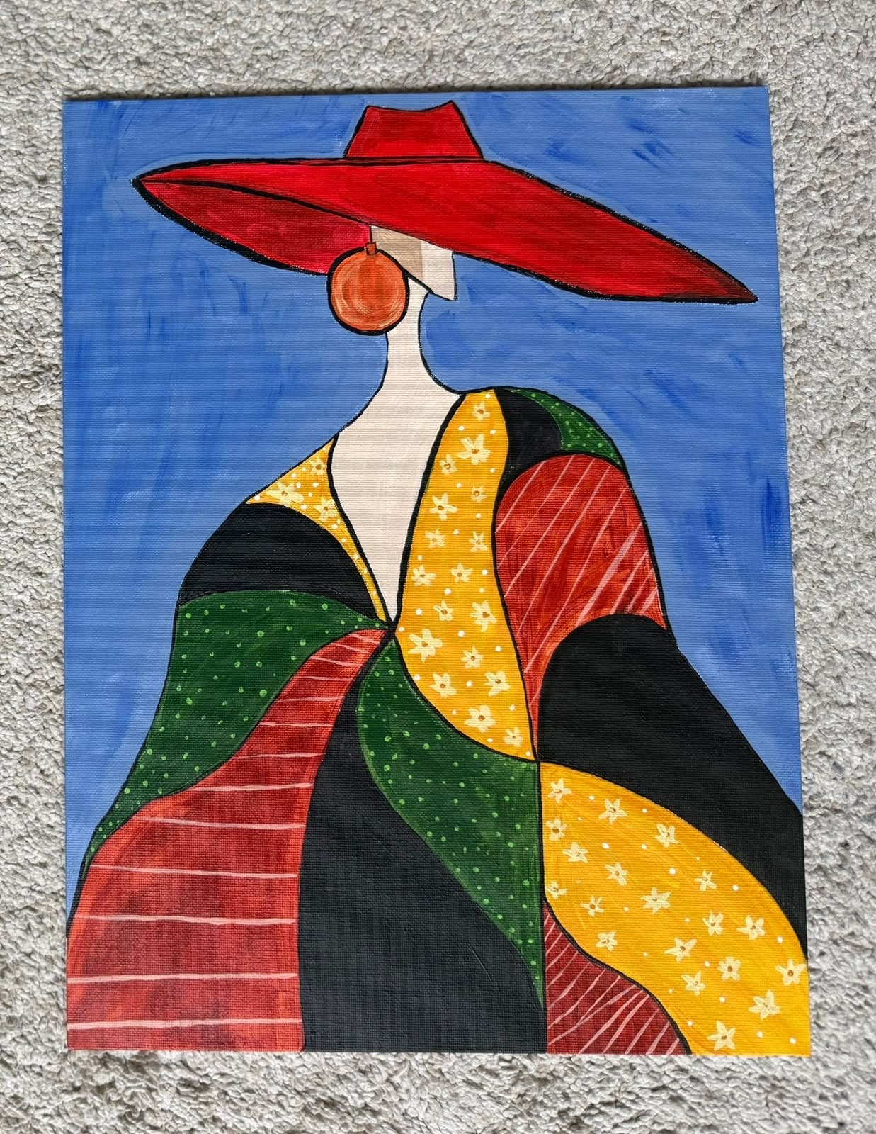 Vrouw met rode hoed - Modern acryl schilderij, Handgeschilderd, Ophalen of Verzenden, Textiel, Figuren