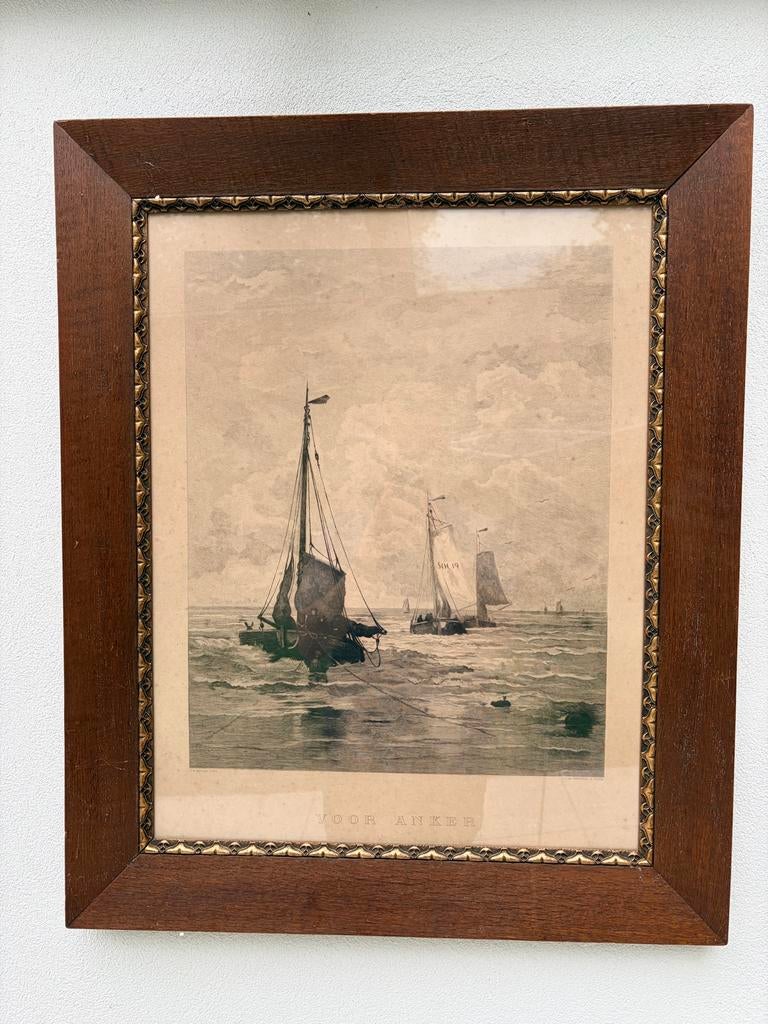 Antieke Gravure 'Voor Anker' door C.L. van Kesteren, Ophalen, Ingelijst, 1800 - 1899, Gravure