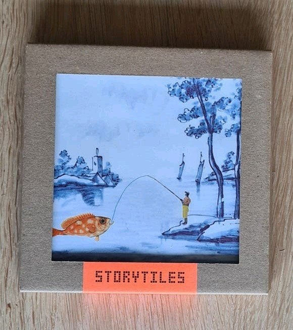 StoryTiles tegel - Een grote vis vangen - 13 x 13 cm Maat M, Ophalen of Verzenden