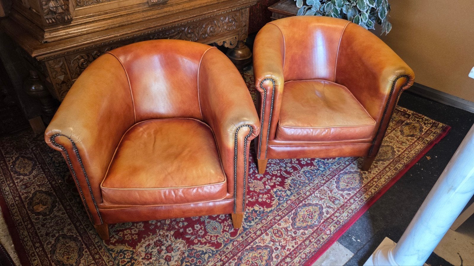 2 super stoere lederen clubfauteuils, Antiek en Kunst, Ophalen