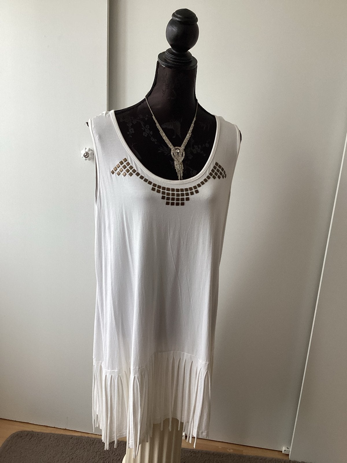 Wit Twister jurkje met franjes en studs 46/48, Ophalen of Verzenden, Zo goed als nieuw, Wit, Blouse of Tuniek