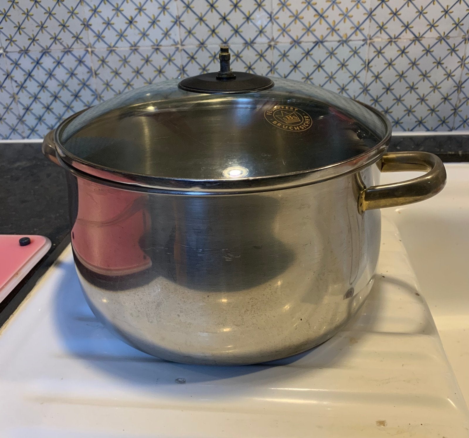 Grote RVS kookpan 6L - 24cm - voor keramische kookplaat, Gebruikt, Met deksel, Ophalen of Verzenden, Rvs