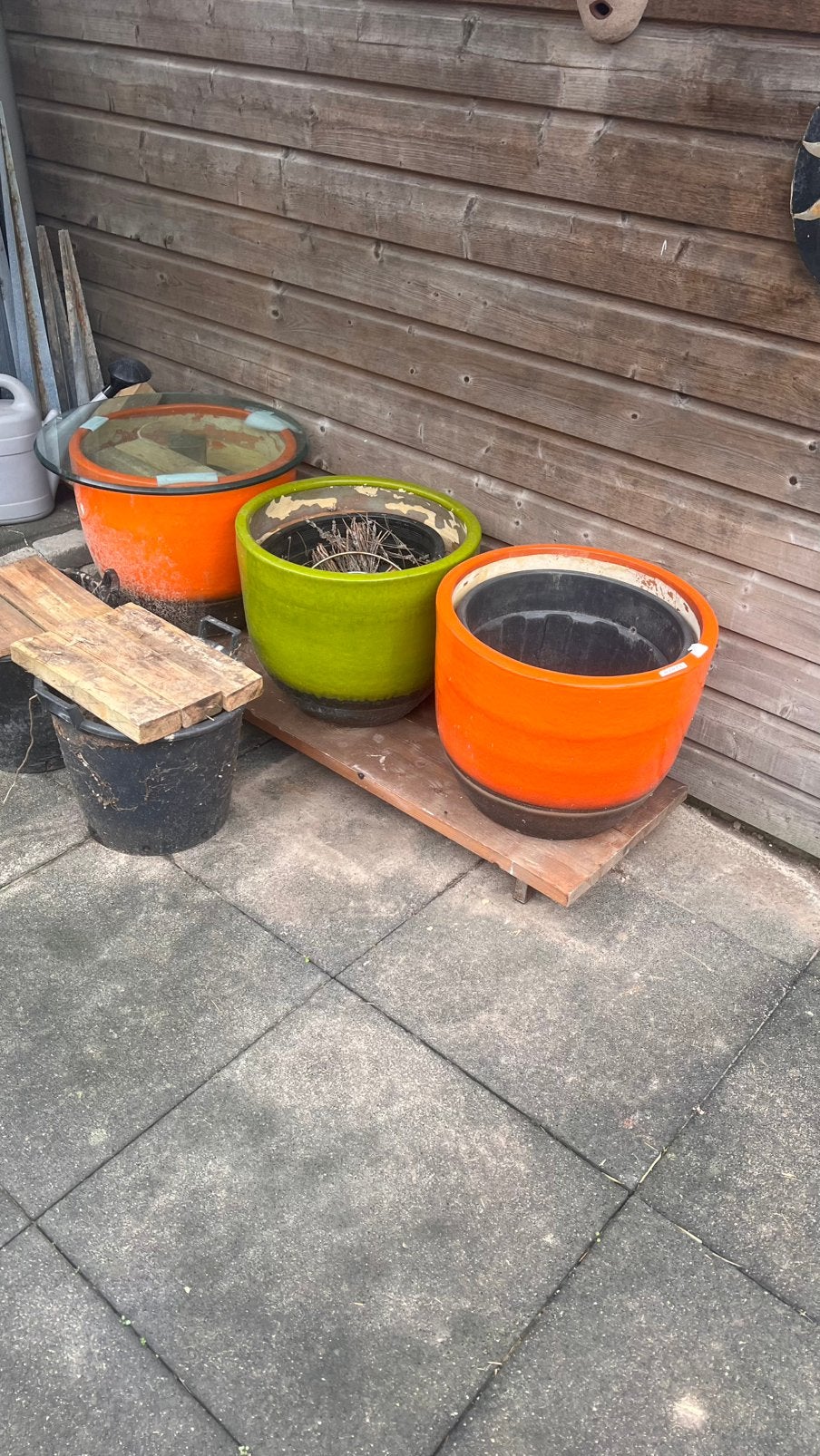 3 grote plantenpotten inc. binnenpotten, Ophalen, Steen, Minder dan 60 cm, Rond