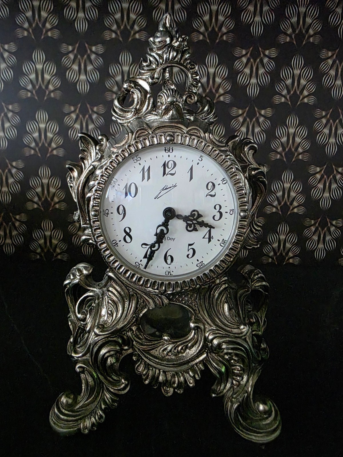 Vintage Schmid Tafelklok Barokstijl Zilverkleurig Tin, Ophalen of Verzenden