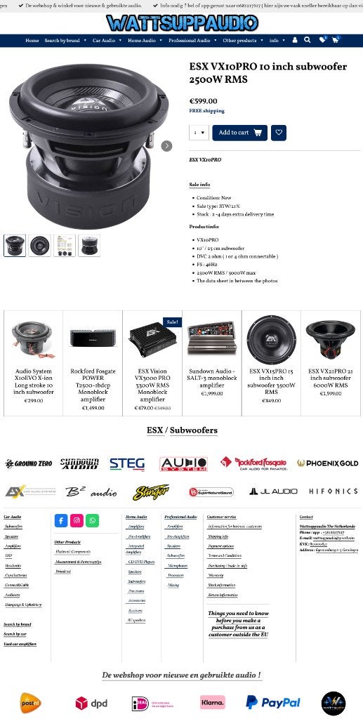 ESX VX10PRO 10 inch subwoofer 2500W RMS, Auto diversen, Autospeakers, Audio Design, Nieuw, Am Breilingsweg 3, 76709 Kronau, Duitsland