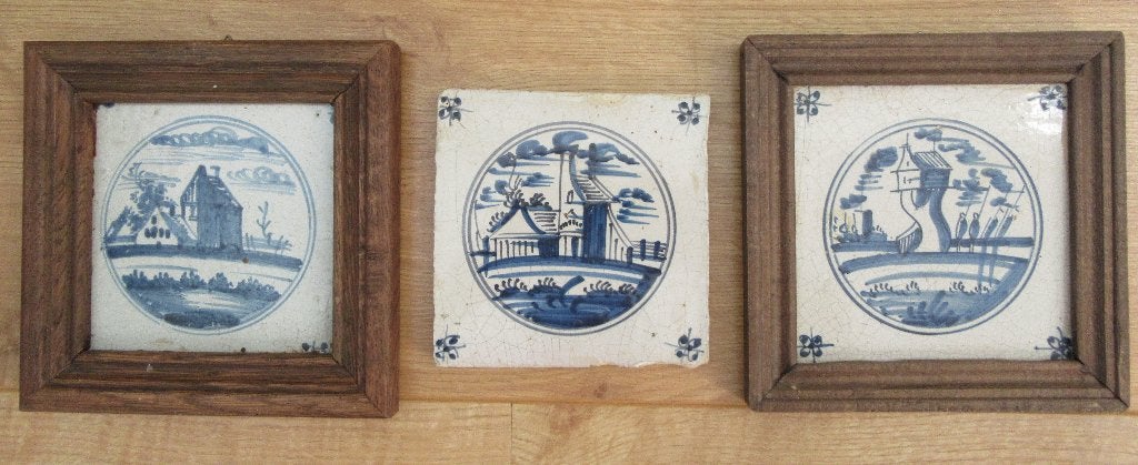 3 antieke wandtegels landschap wit blauw huisjes in cirkel, Verzenden