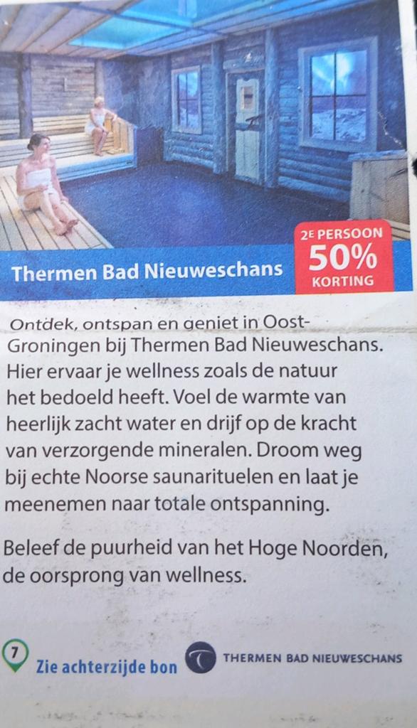 Thermen Bad Nieuweschans 2e persoon 50% korting, Twee personen, Kortingsbon, Spa of Sauna