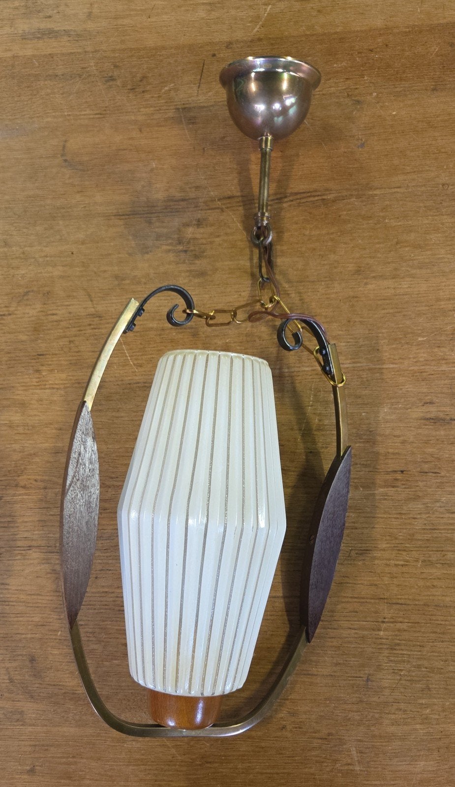 Danish design hanglamp teak messing deens, Gebruikt, Ophalen of Verzenden, Glas, X