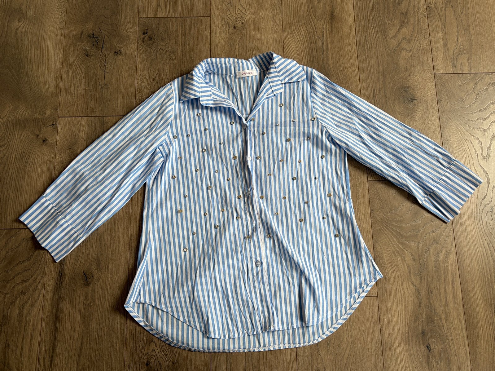 Streepjes blouse met diamantjes, Ophalen of Verzenden, Zo goed als nieuw, Maat 38/40 (M), Blauw