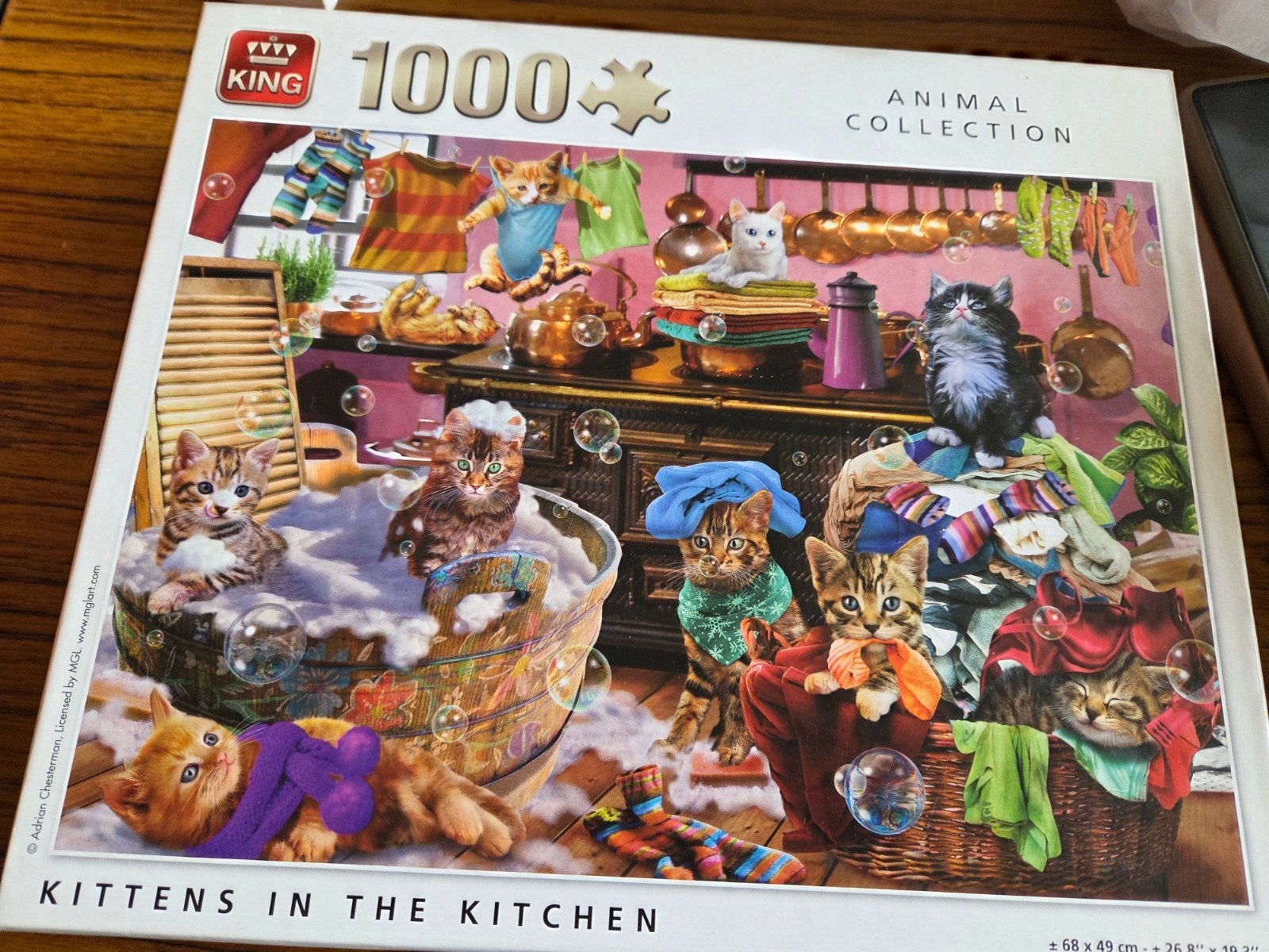 King puzzel 1000 stukjes kittens in the kitchen, Ophalen of Verzenden, 500 t/m 1500 stukjes, Gebruikt