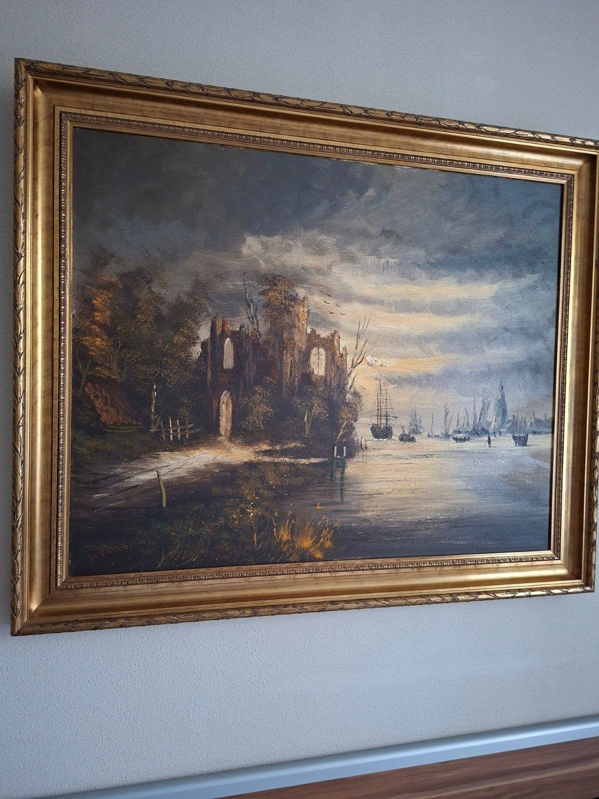 Klassiek olieverfschilderij: Ruïne aan het water met schepen, Ophalen