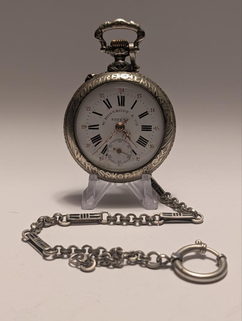 Antiek W. Rosskopf & Co zakhorloge met trein gravure, Ophalen of Verzenden