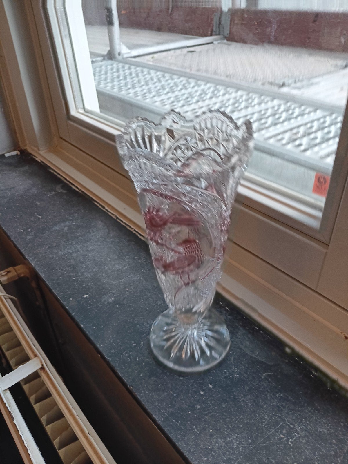 Vintage Kristallen Vaas met Rode Vogeldecoratie, Ophalen of Verzenden