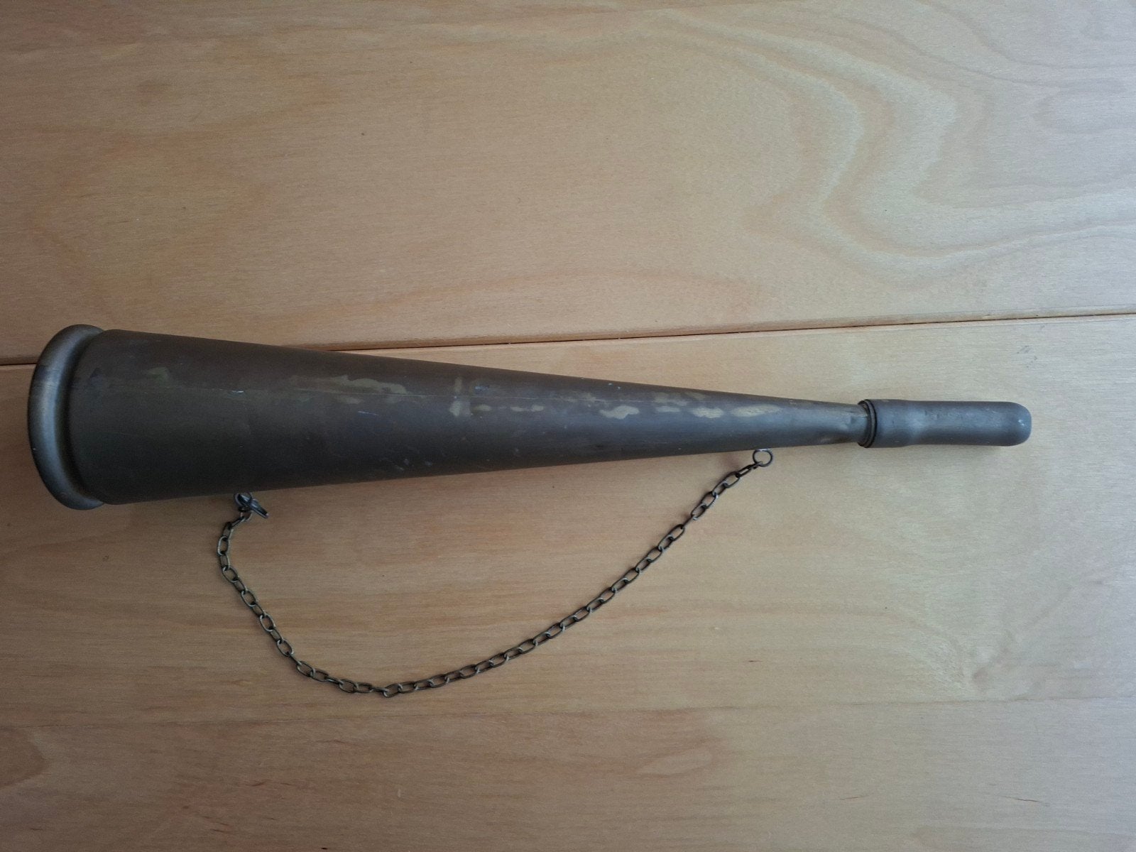 Antieke koperen scheepshoorn met ketting, Ophalen of Verzenden, Koper
