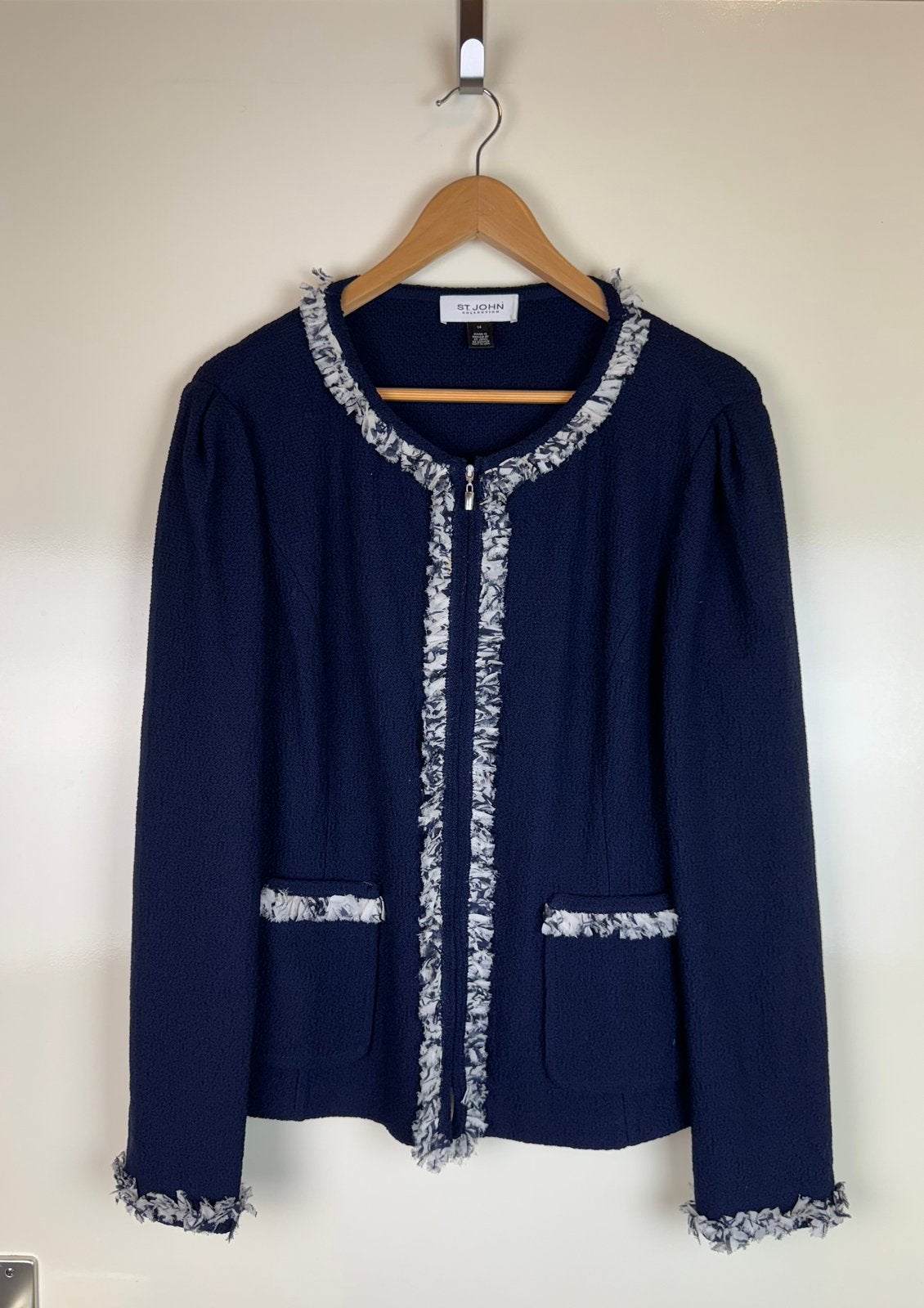 ST JOHN COLLECTION Wool Santana Knit Tweed Blazer Jacket XL, Kleding | Dames, Blauw, Maat 46/48 (XL) of groter, Ophalen of Verzenden