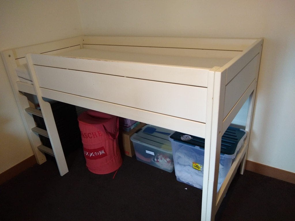 Witte halfhoogslaper met ladder en opbergruimte, Ophalen, Gebruikt, 90 cm, Eenpersoons