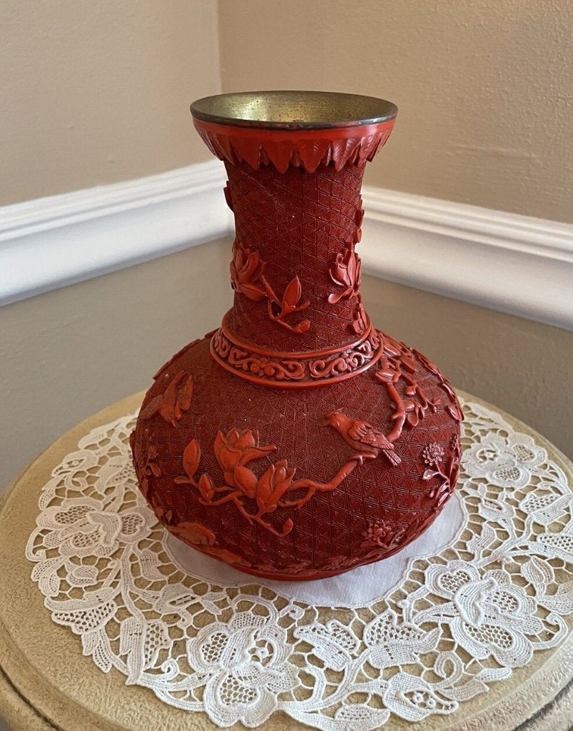 Cinnabar lak vaas vase Chinese zie foto, Ophalen of Verzenden
