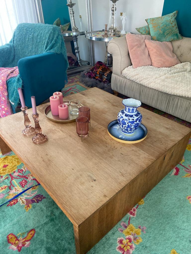 Robuuste houten salontafel - Eikenhout honingkleurig sterk!, Ophalen, Gebruikt, Robuust tijdloos minimalistisch, 100 tot 150 cm
