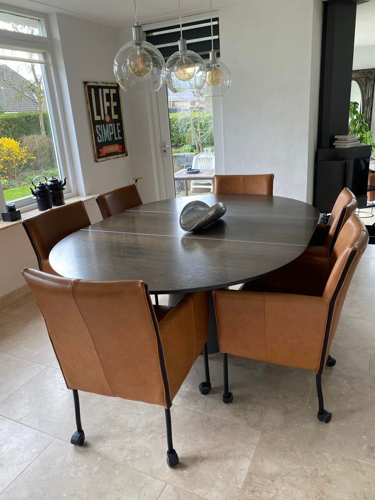 Ovale houten eettafel, uitschuifbaar, Ophalen, Gebruikt, 100 tot 150 cm, Vijf personen of meer