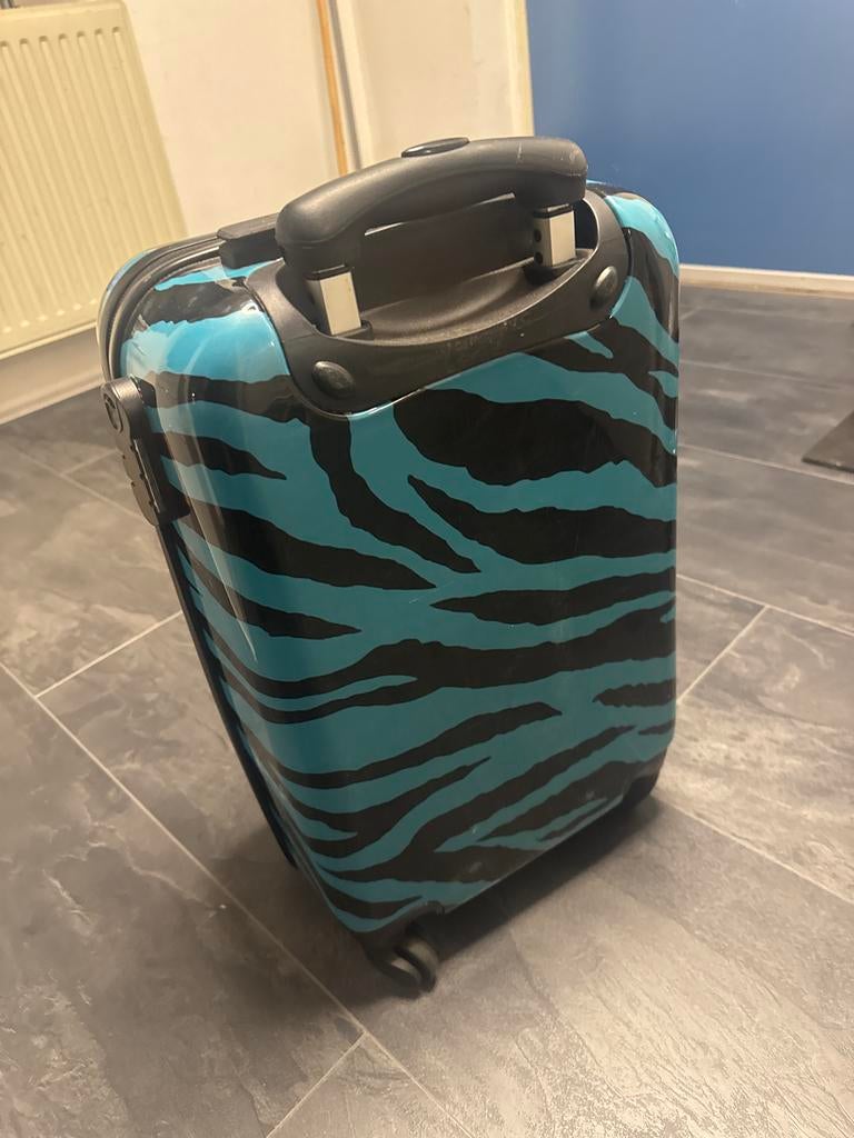 Reiskoffer met wieltjes – zwart/blauw zebra print, Wieltjes, Gebruikt, 20 tot 30 cm, Zwart