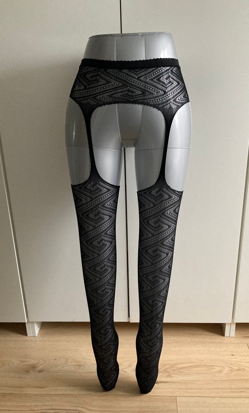 Jarretel zwart met motief, Verzenden, Nieuw, Zwart, Panty