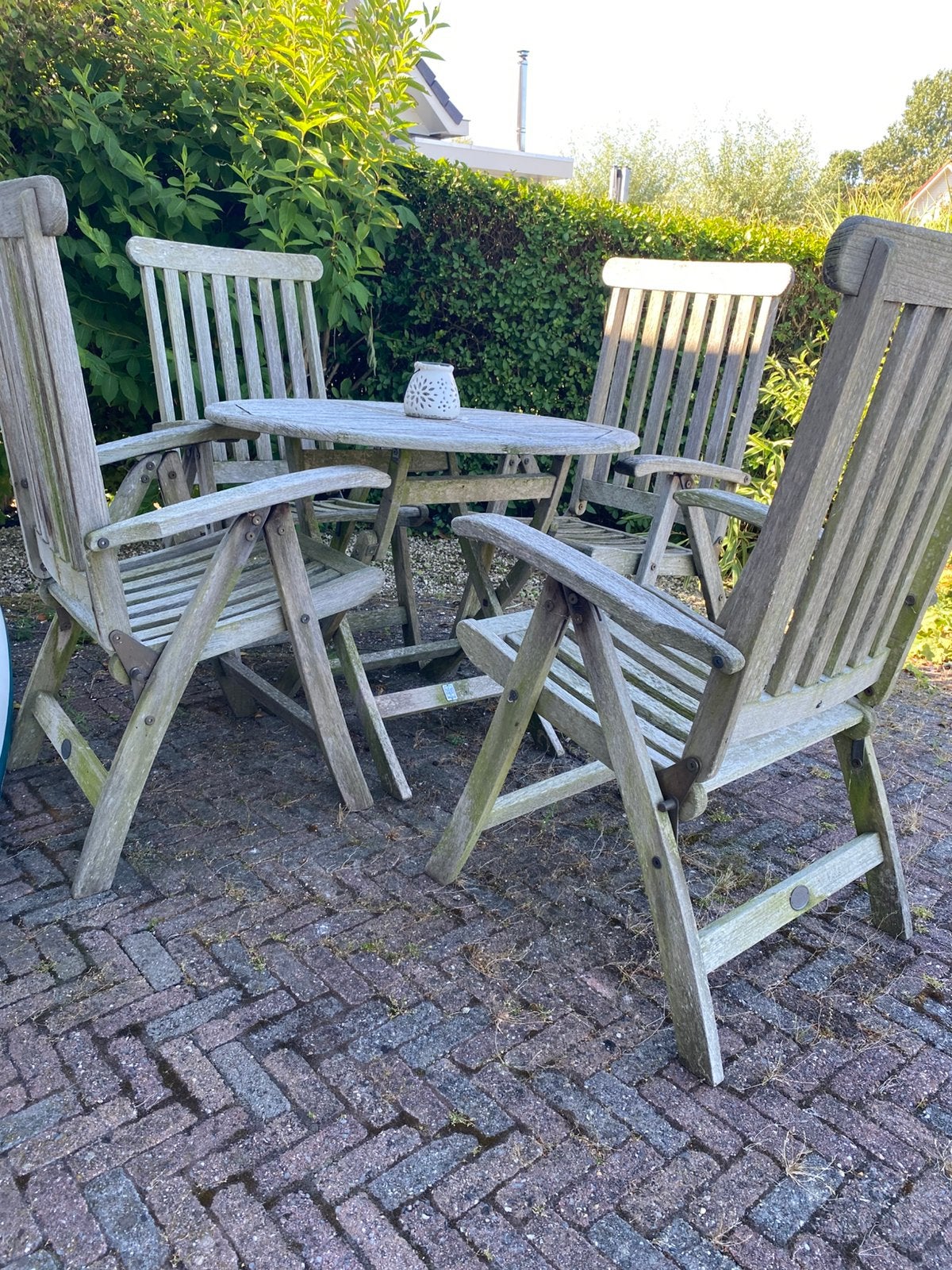 Teak tuinset / 4 verstelbare stoelen / inklapbare tafel, Ophalen, 4 zitplaatsen, Gebruikt, Eettafel