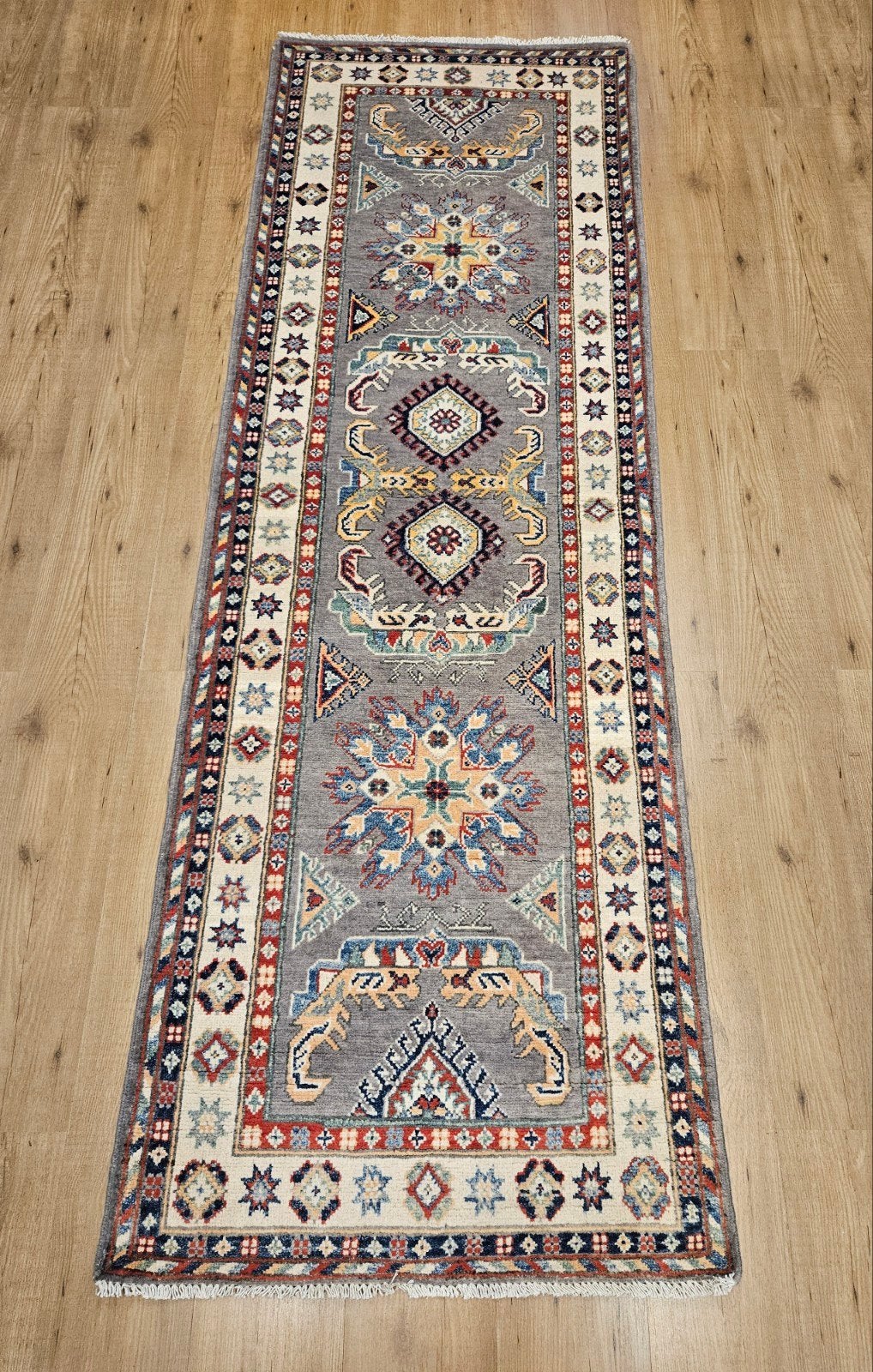 Handgeknoopt oosters wollen tapijt loper kazak 248x83, Info@SlatsAntiek.nl, Perzisch, Vof Slats Antiek, Rechthoekig
