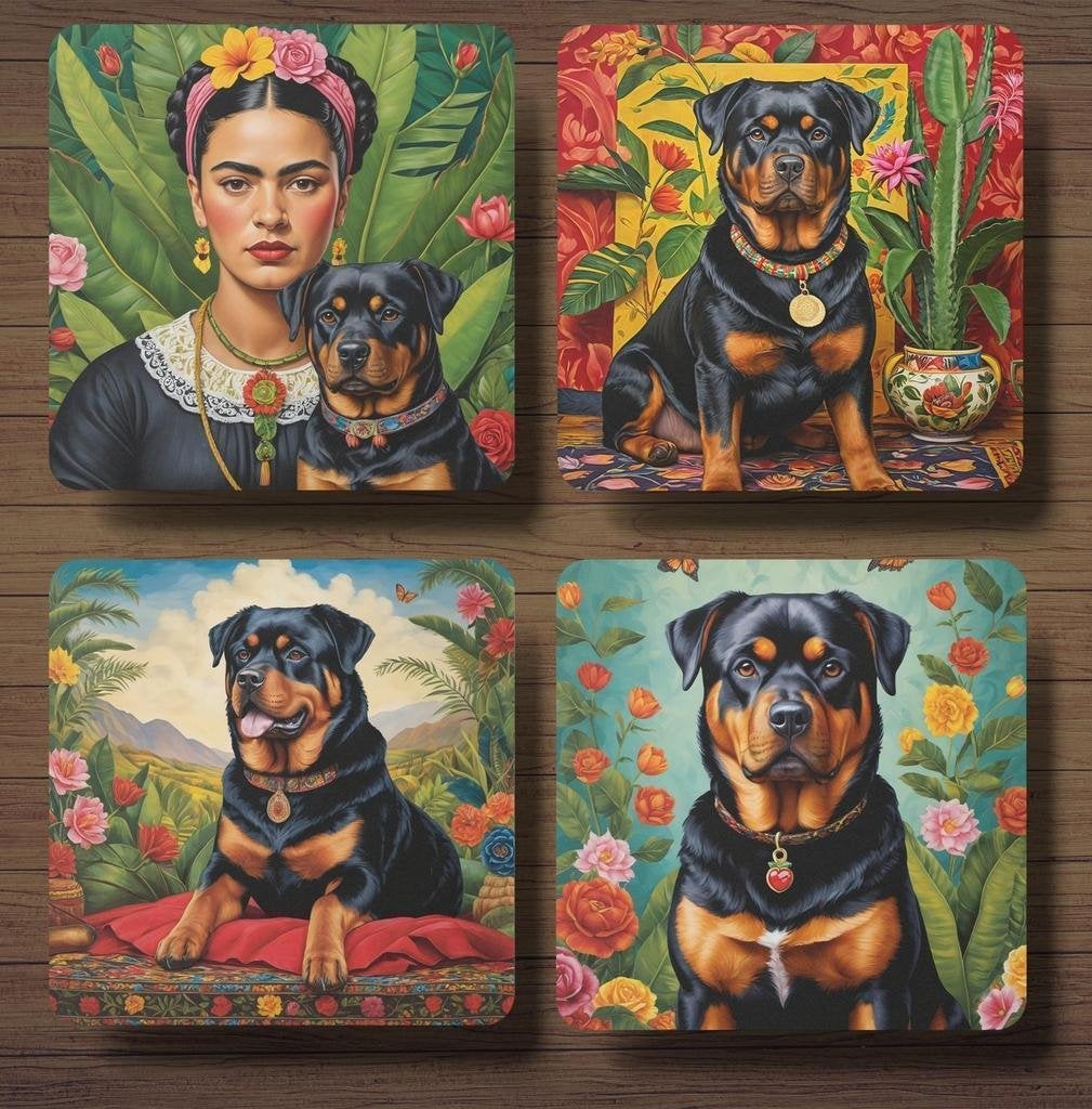 Rottweiler Frida Kahlo onderzetters met houder, Ophalen of Verzenden, Nieuw