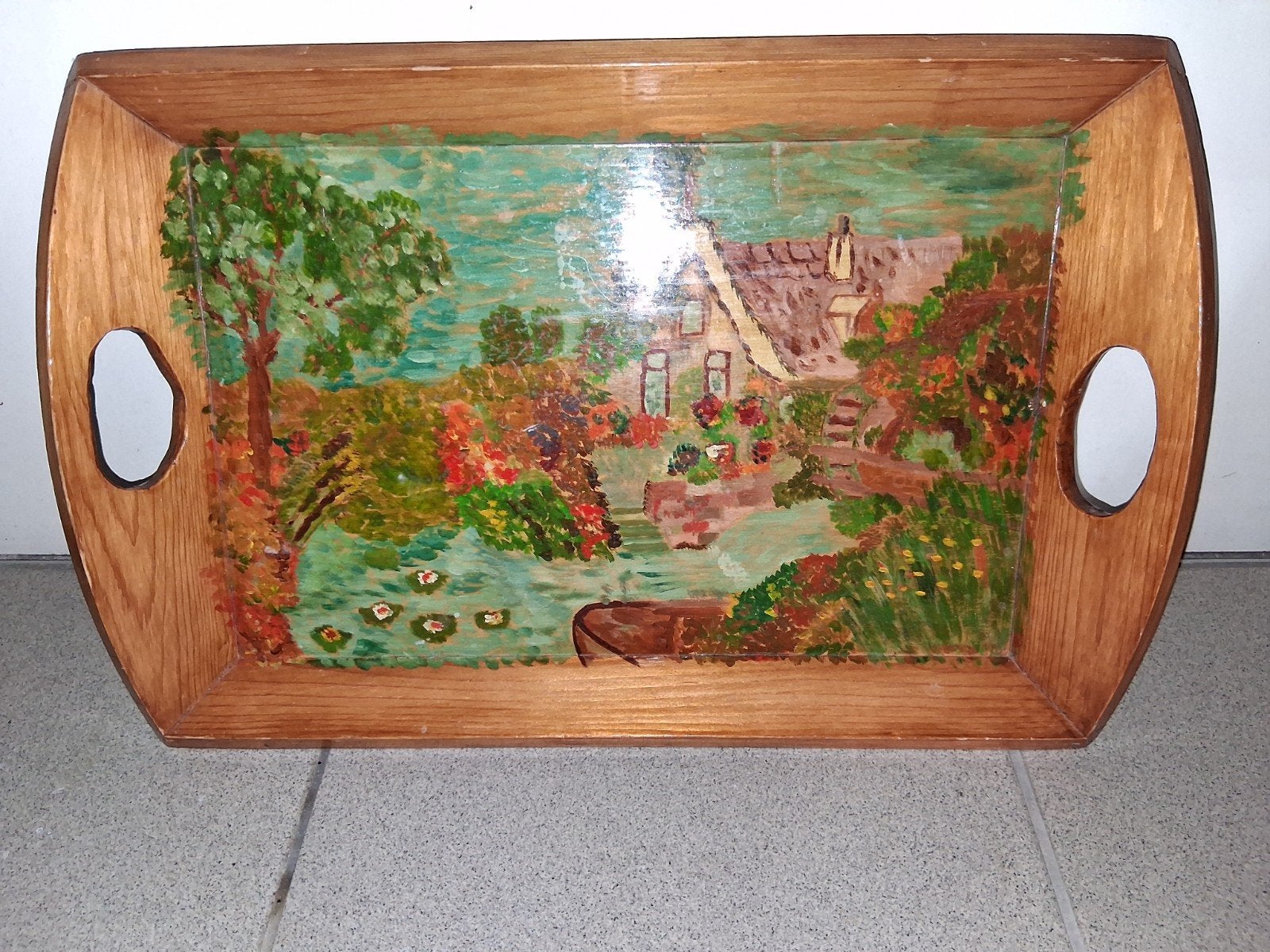 Vintage houten dienblad met landschapsschilderij, Antiek en Kunst, Antiek | Schalen, Ophalen of Verzenden