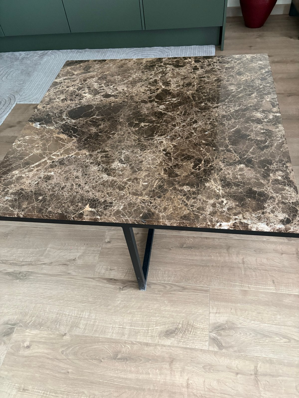 Salontafel met emperador marmeren blad en metalen onderstel, Ophalen, Gebruikt, 50 tot 100 cm, Vierkant