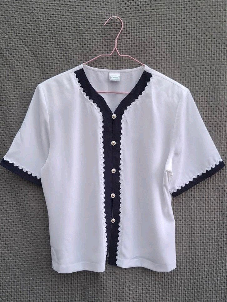 Vintage blouse, maat 42/XL - wit & marineblauw - 90's, Wit, Maat 42/44 (L), Ophalen of Verzenden, Vintage