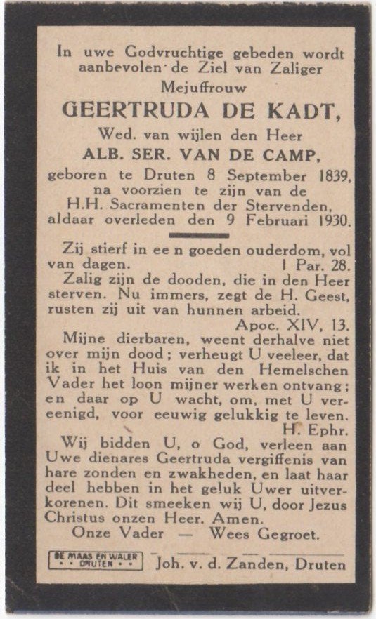 Geertruda de Kadt 1839 Druten + 1930 Druten, 90 jaar oud, Ophalen of Verzenden