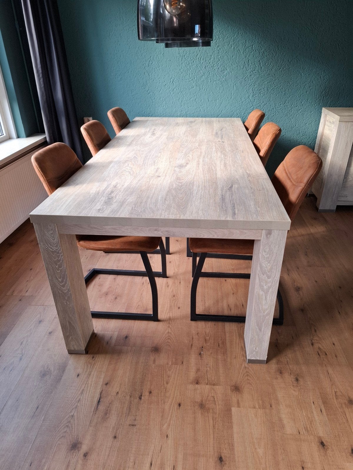 Lamulux eettafel 220x100 cm met 6 cognac stoelen, Ophalen, Zo goed als nieuw, 4 tot 6 stoelen