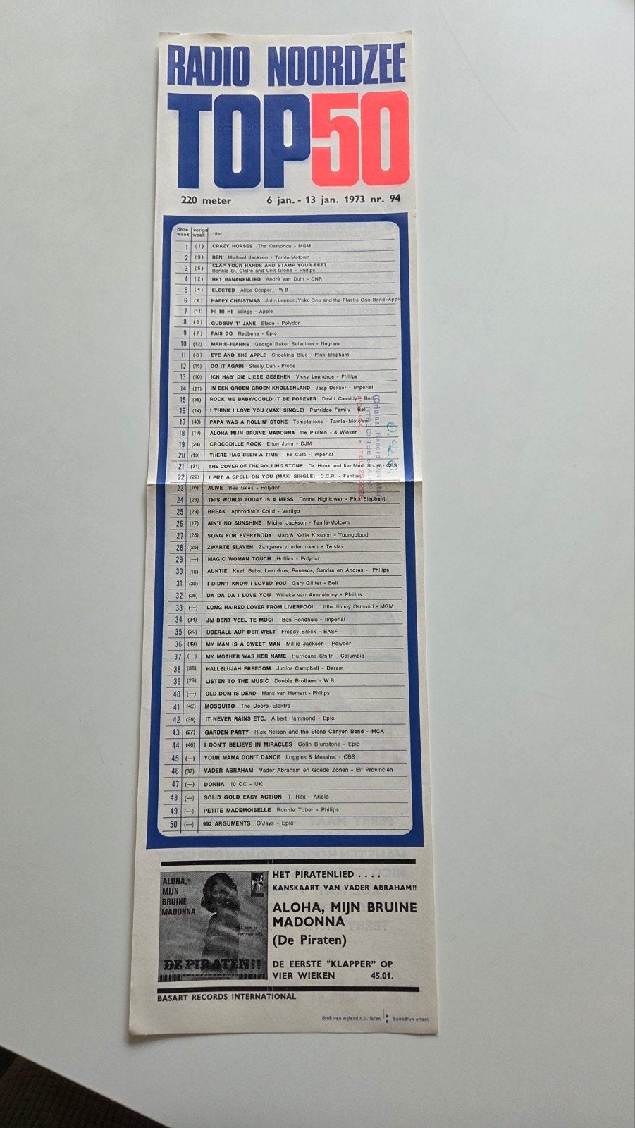 Radio Noordzee Top 50 exemplaar  6 jan. 1973 - Nr. 94, Verzenden, Gebruikt, Boek, Tijdschrift of Artikel