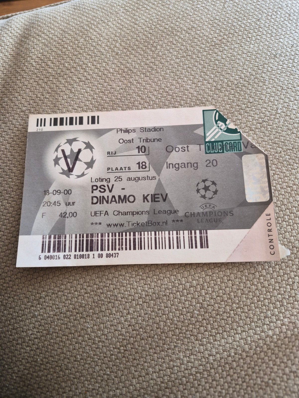 Ticket PSV - Dinamo Kiev, Ophalen of Verzenden, Gebruikt, PSV, Overige typen