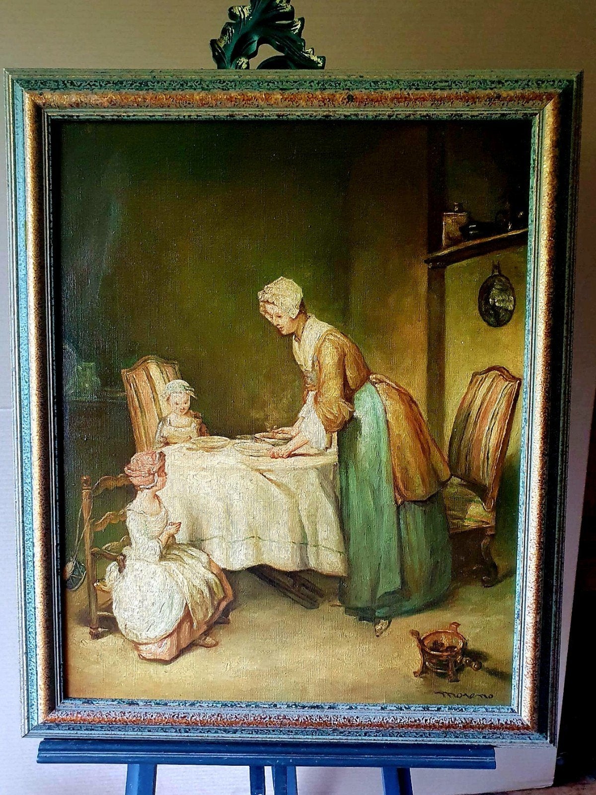 Alfonso Moreno Moeder en kinderen aan tafel, Ophalen, Doek, Portret of Personen, Olieverf