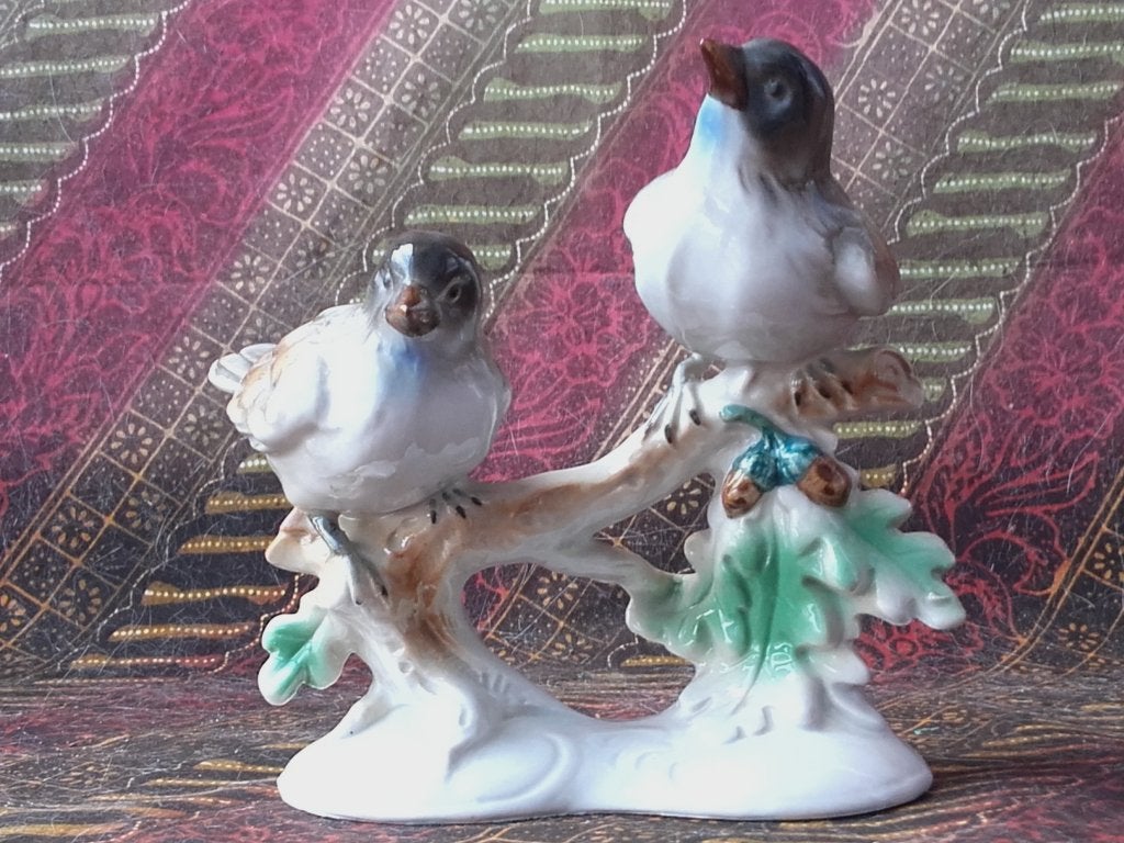Mooi oud beeldje uit Duitsland van vogels op een tak 13,7 cm, Ophalen of Verzenden